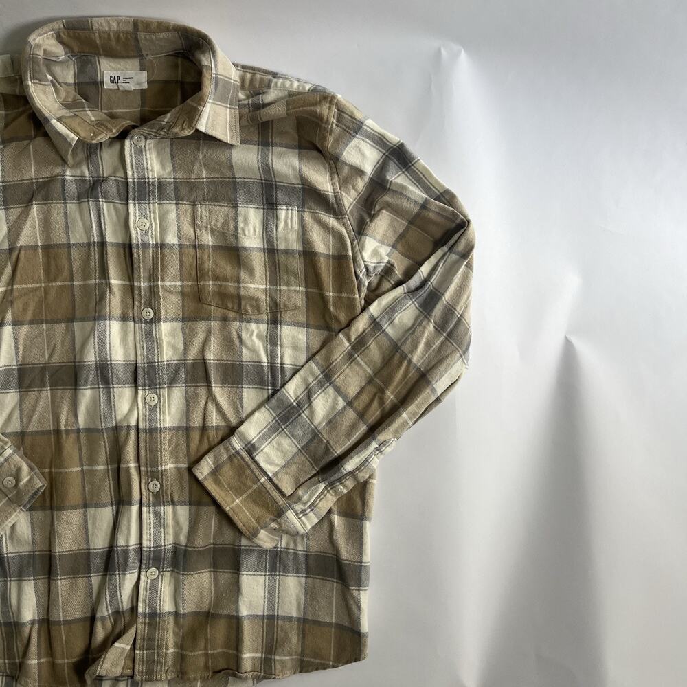 Gap Men's Beige/Gray/White Plaid Flannel Button-Up Shirt XL Long Sleeve - Picture 3 of 7